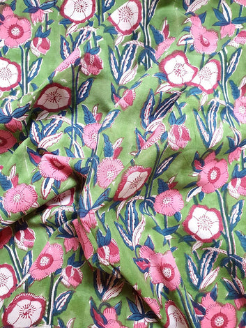 Hand Block Printed Cotton Fabric - Floral Design