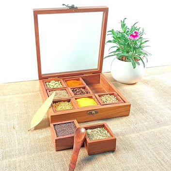 Handcrafted Wooden Spices Organiser with Spoon| Containers of 9