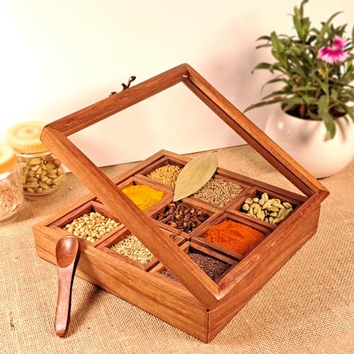 Handcrafted Wooden Spices Organiser with Spoon| Containers of 9