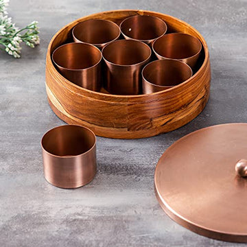 Wooden Masala Box for Kitchen Spice Storage/Organizers | Anjarai Petti for Kitchen | 7 Jars Container (9 inch Dia, Copper)