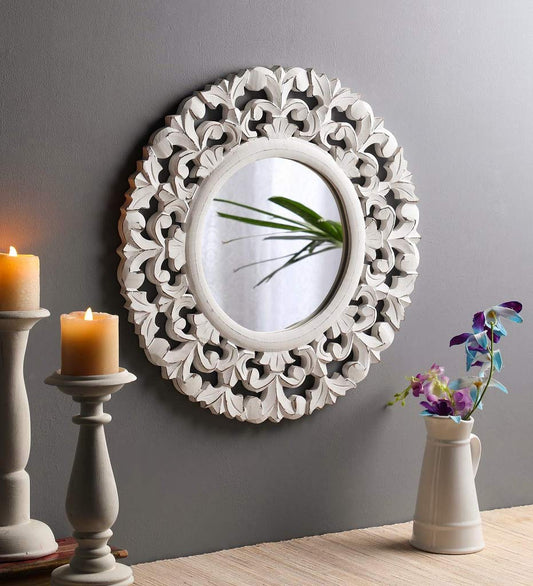 Elegant Handcrafted Round Decorative Wall Mirror | White Mirror Frame